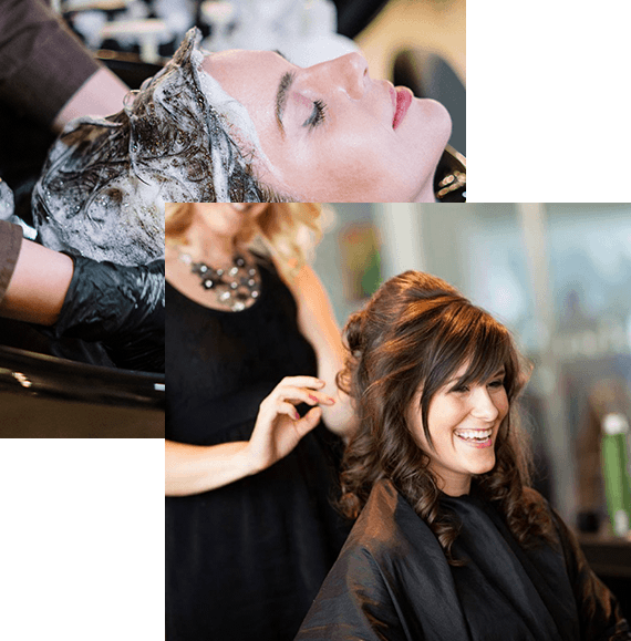 A Bawan Hair Gosport stylist adjusts a client’s shoulder-length brown hair in the salon, holding a section near the client’s face beside softly lit mirrors